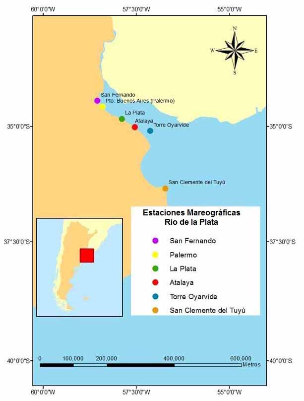 Gráfico con la ubicación de los mareógrafos del Río de la Plata